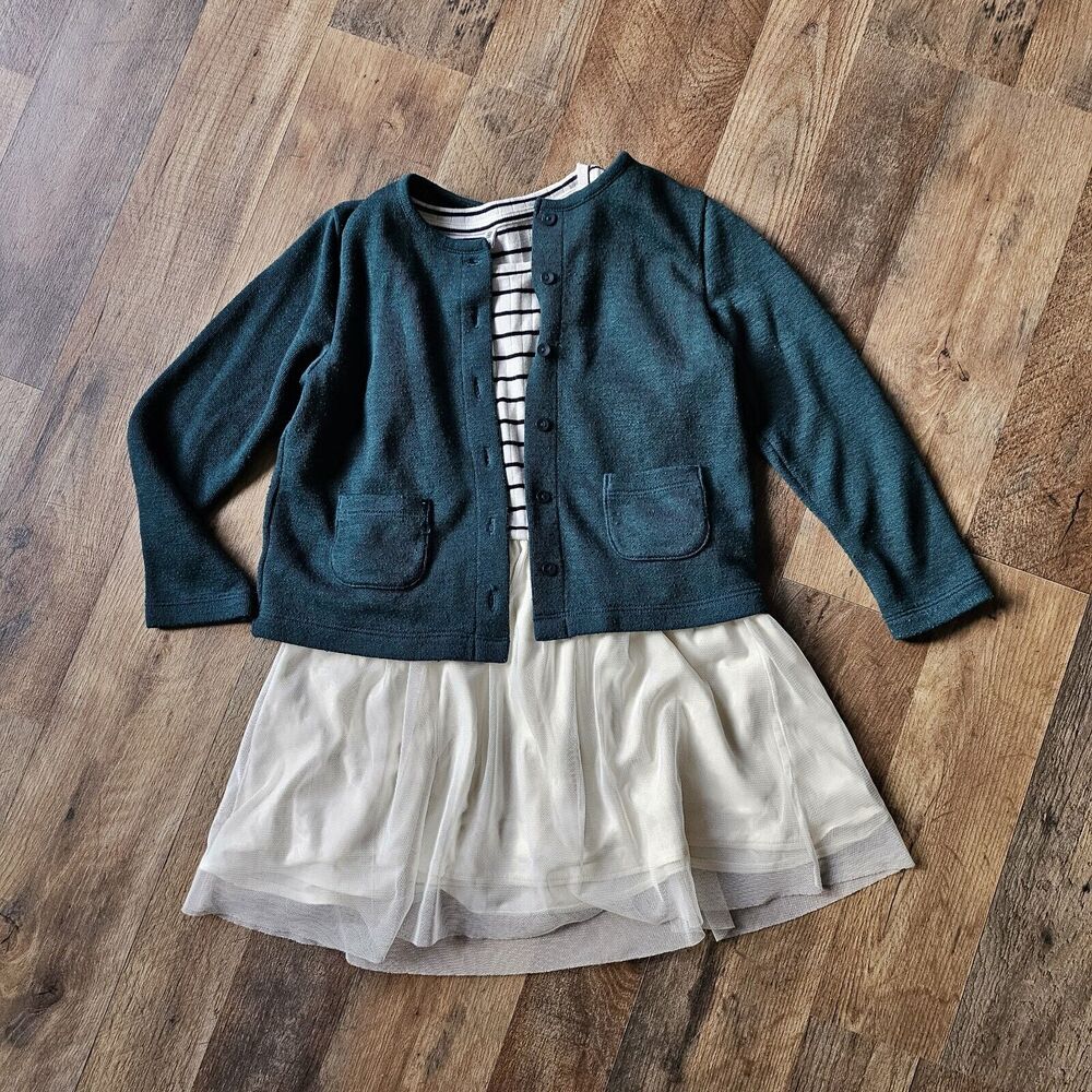 Uniqlo Girl's Tulle Sleeveless Dress & Green Button Cardigan, Size 5 (120)